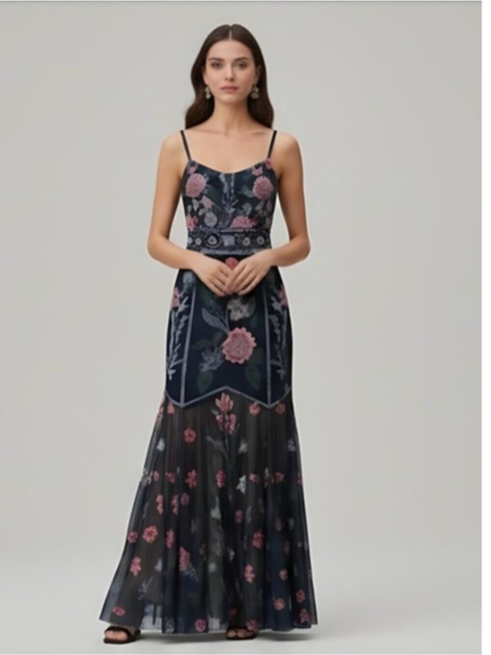 Elegant Floral  V-Neck Mermaid Hem Dress Blue